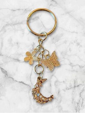 Gold Butterfly & Moon Charm Keychain - Women Accessories